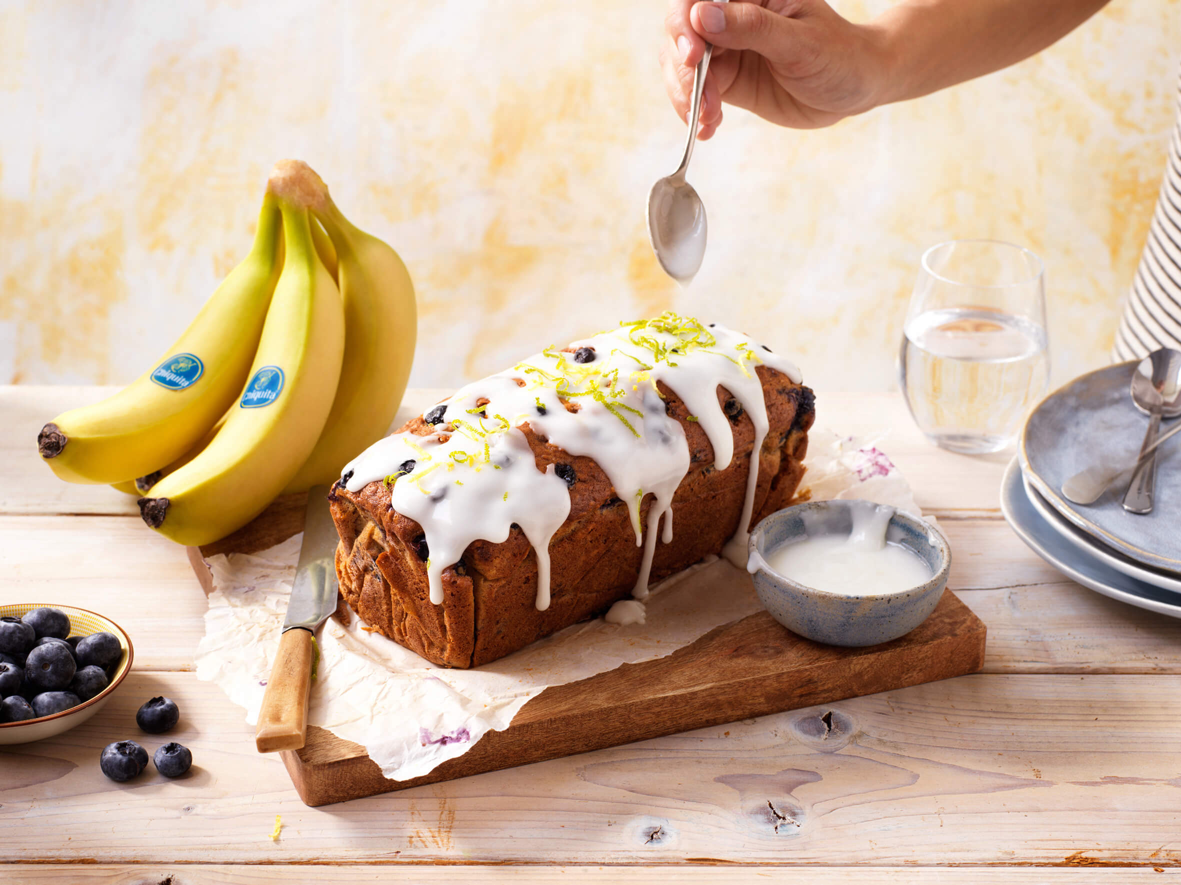 Blueberry Chiquita banana bread with lemon glaze