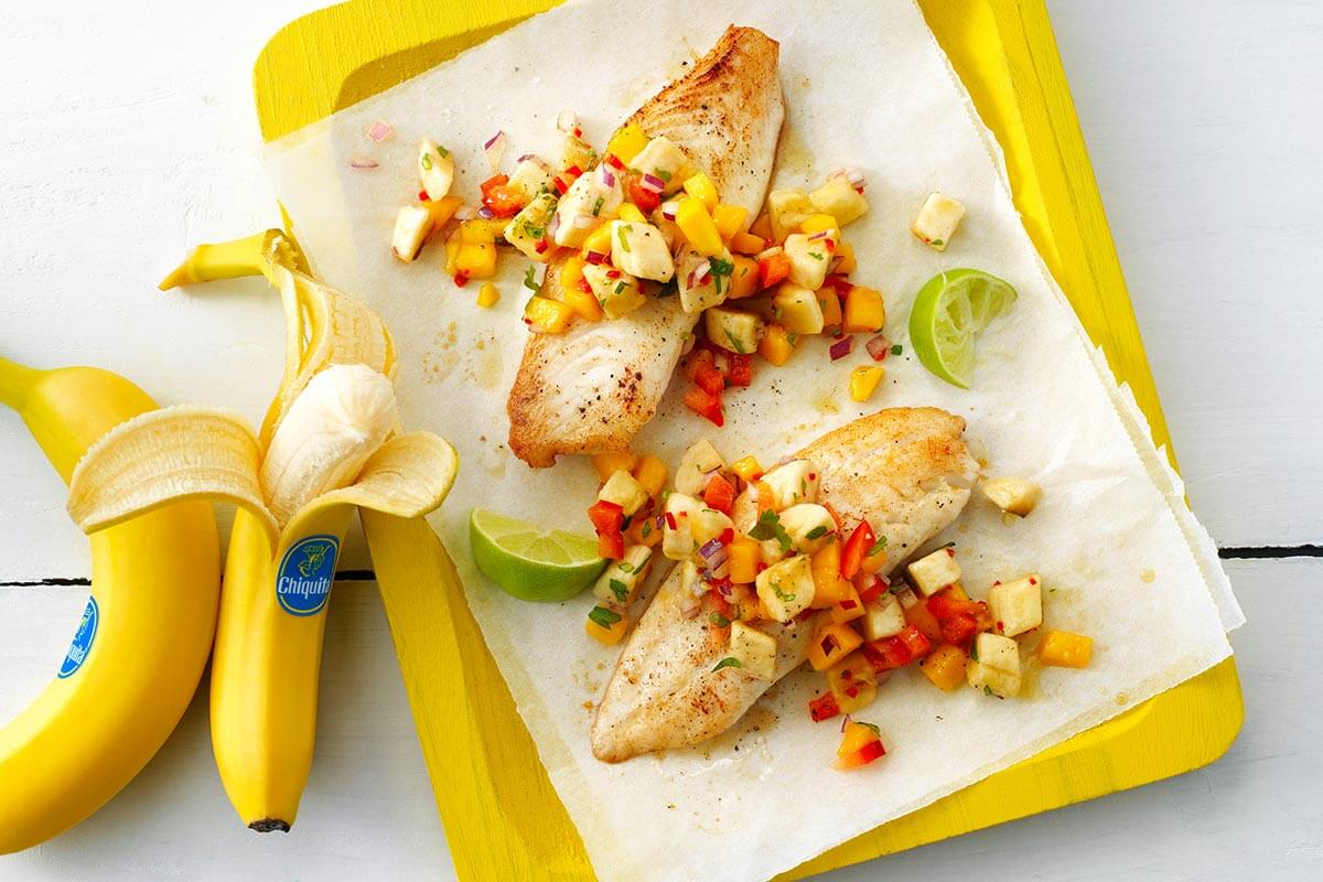 Banana mango salsa with whitefish