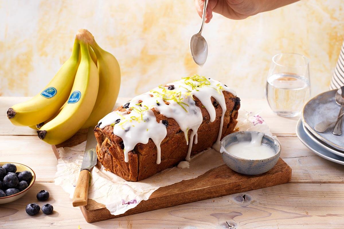 Blueberry Chiquita banana bread with lemon glaze