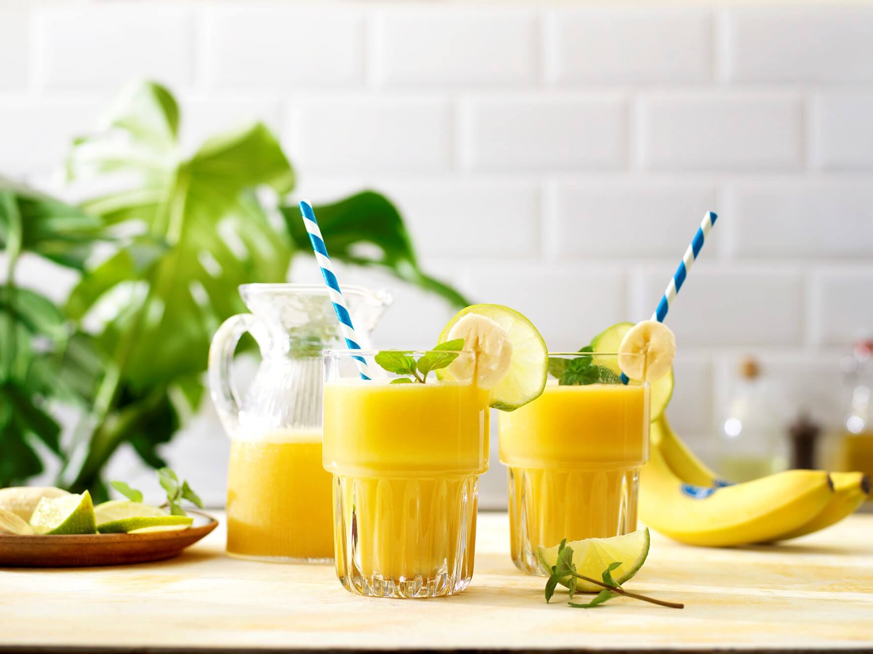 Tropical banana colada shake with coconut water