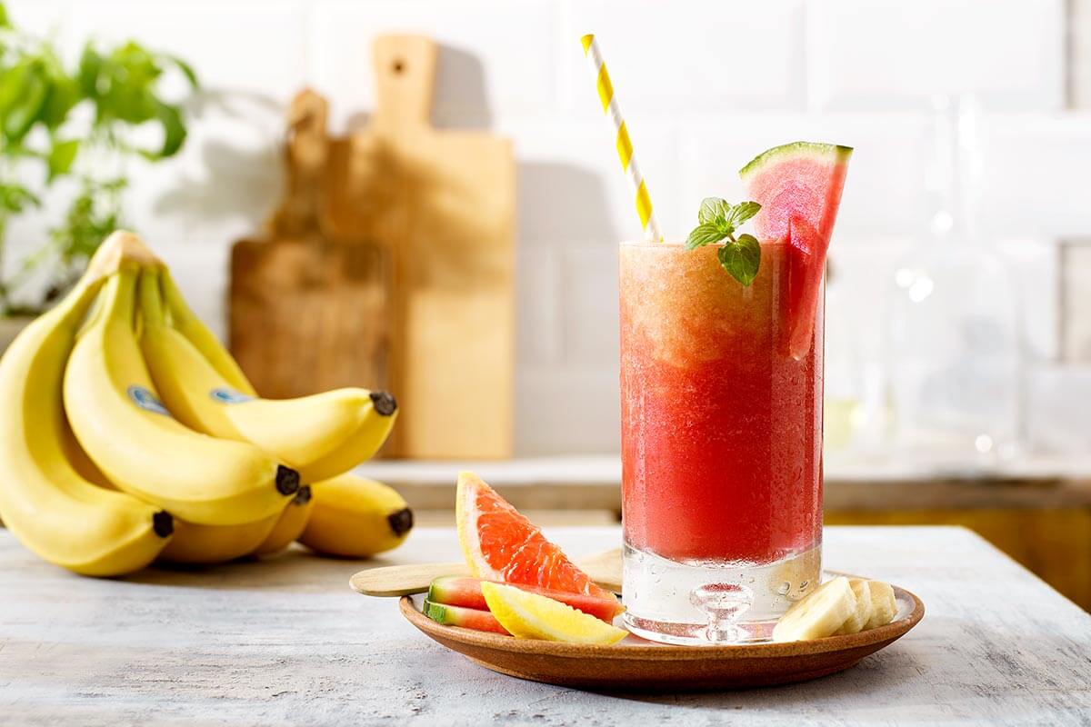 Pink sunrise mocktail with Chiquita bananas and watermelon