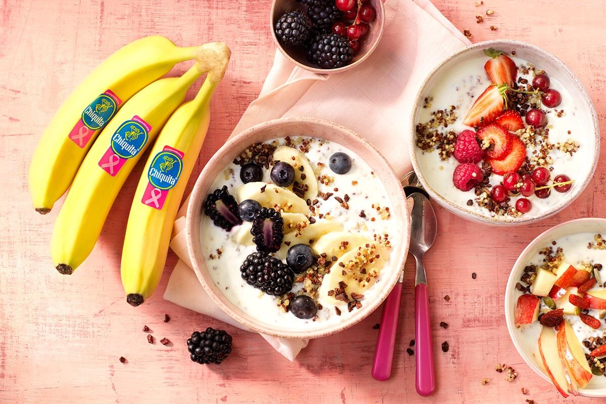 Vegan quinoa breakfast bowl with Chiquita banana, non-fat Greek yogurt.