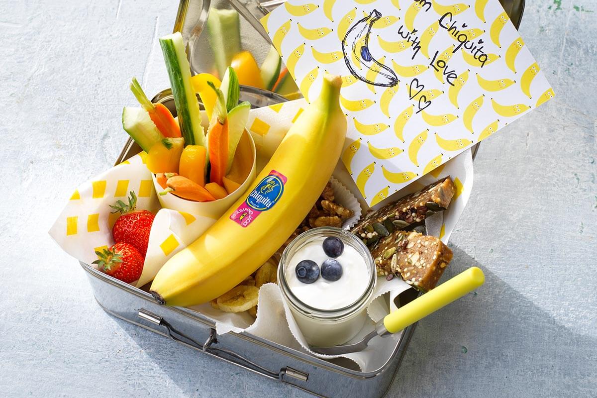 Snackbox with Chiquita banana chips, veggies, fruits and nuts