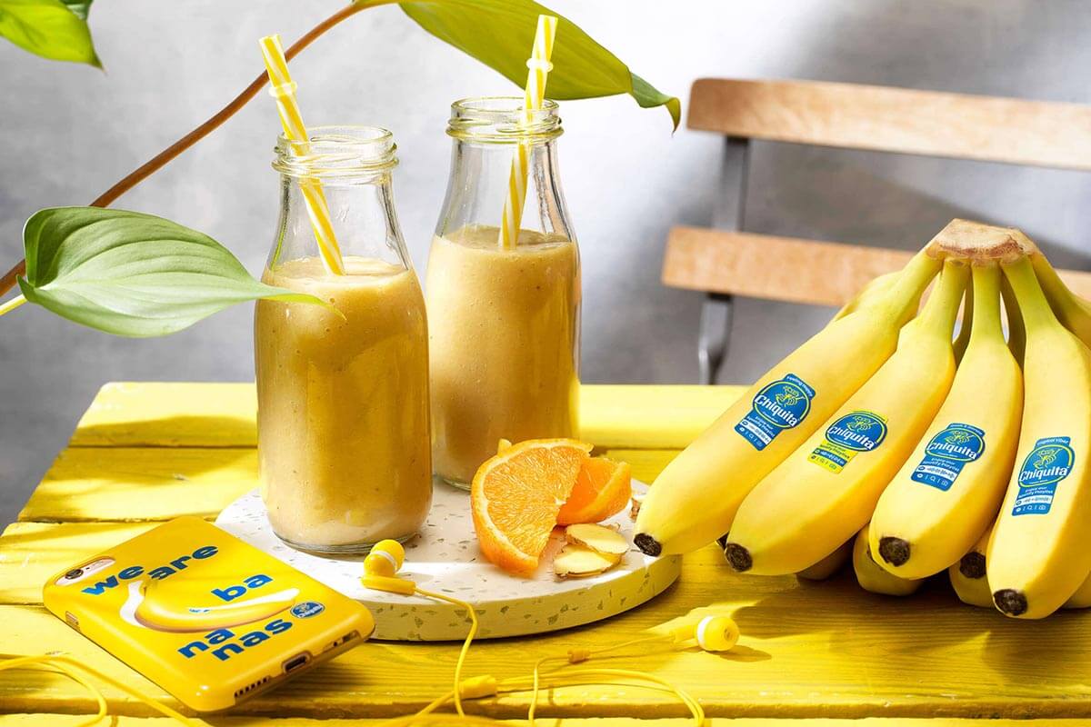 Orange Chiquita banana smoothie with ginger