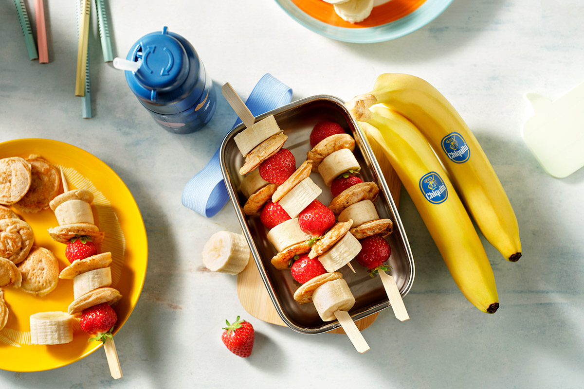 Dutch Mini-Pancakes (‘Poffertjes’) with Banana Strawberry Kabobs