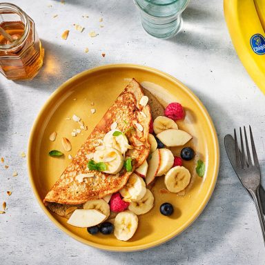 Fluffy Banana Omelette, with banana, apple and raspberries