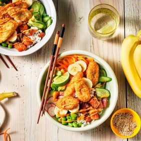 Poke rice bowl with crispy fried bananas