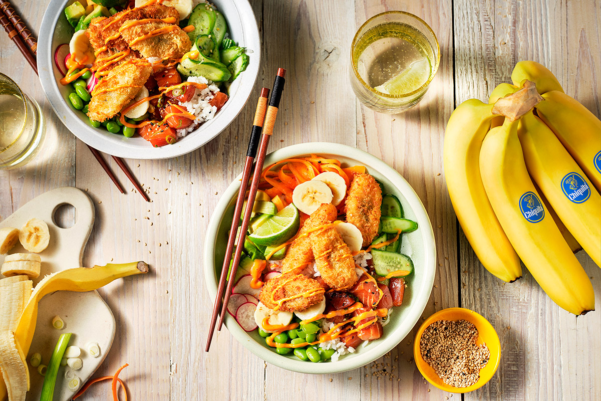 Poke rice bowl with crispy fried bananas