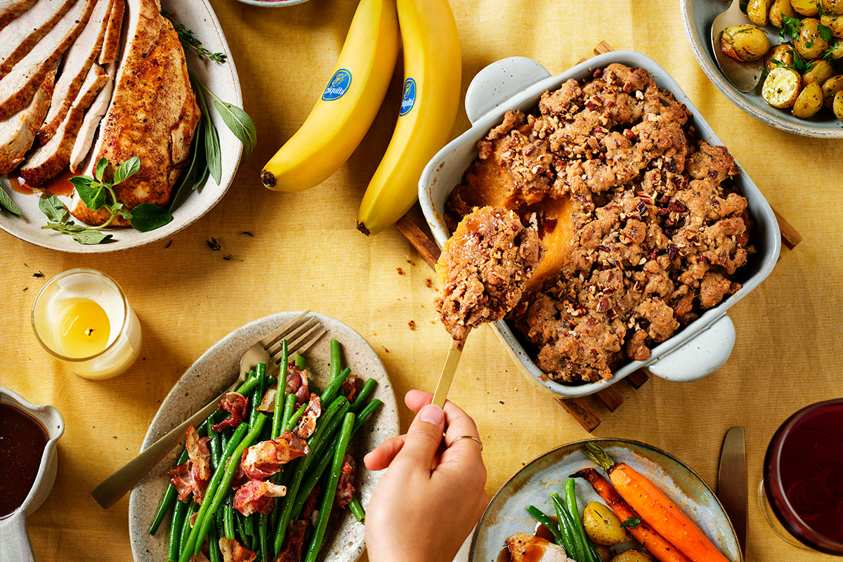 Banana & sweet potato mash topped with cinnamon pecan streusel